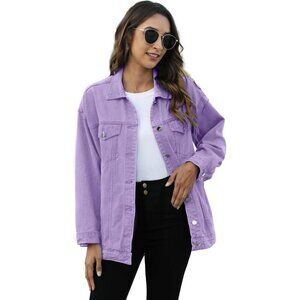 Women's Oversized Mid Long Denim Jacket Jean Biker Coat Long Sleeves Purple